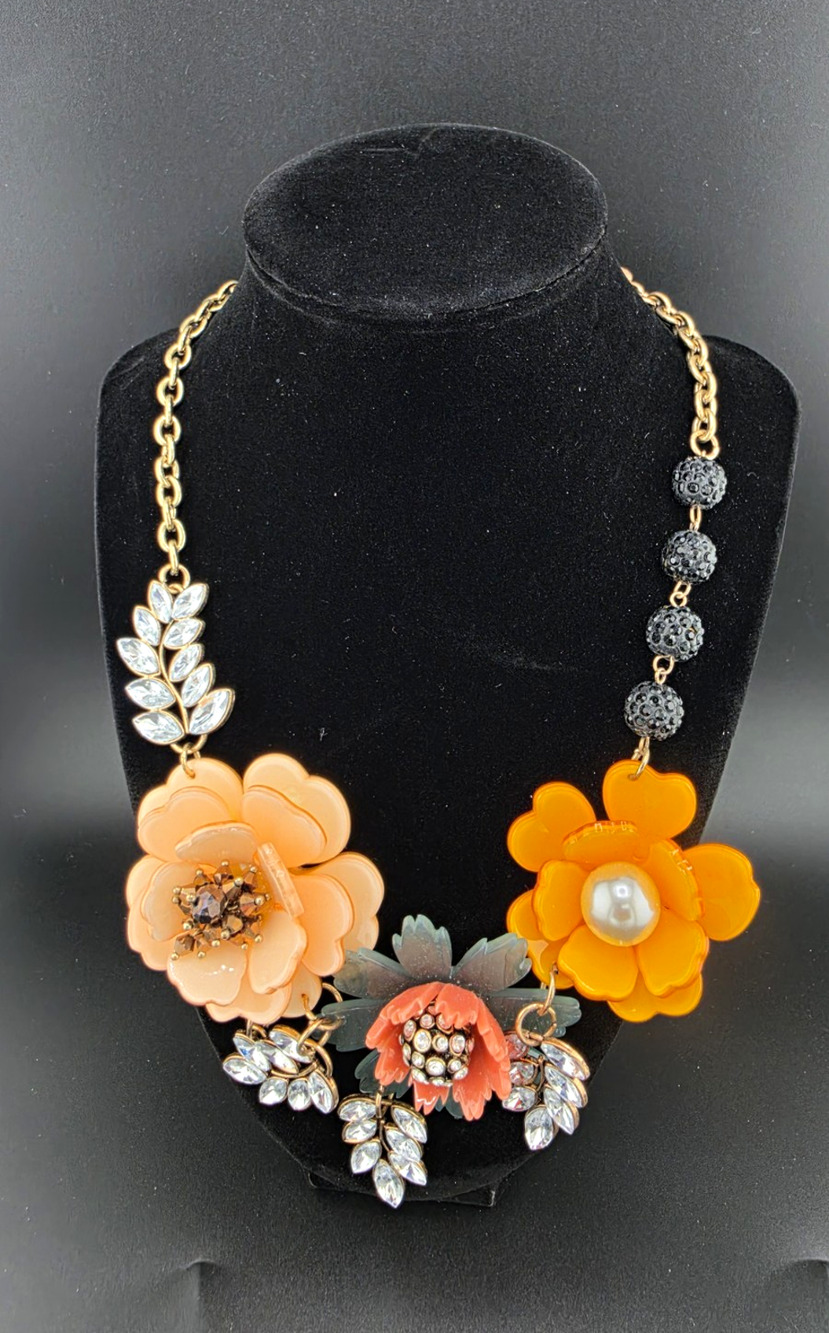 Plunder Design Bib Necklace Orange Peach Floral Acrylic Resin Pearl Gem